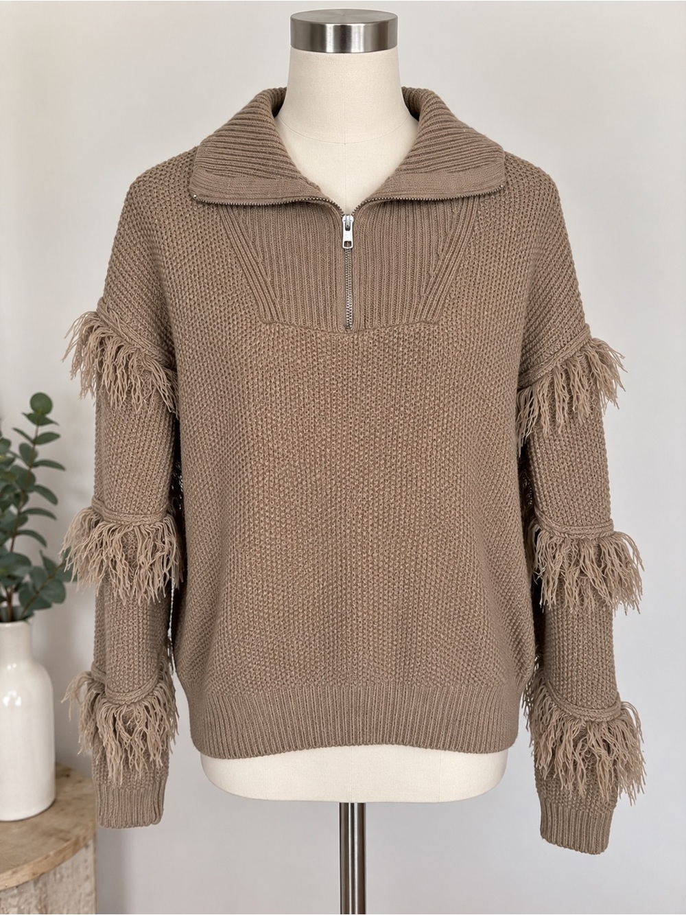 Hem & Thread Taupe Fringe Half-Zip Cowl Sweater
